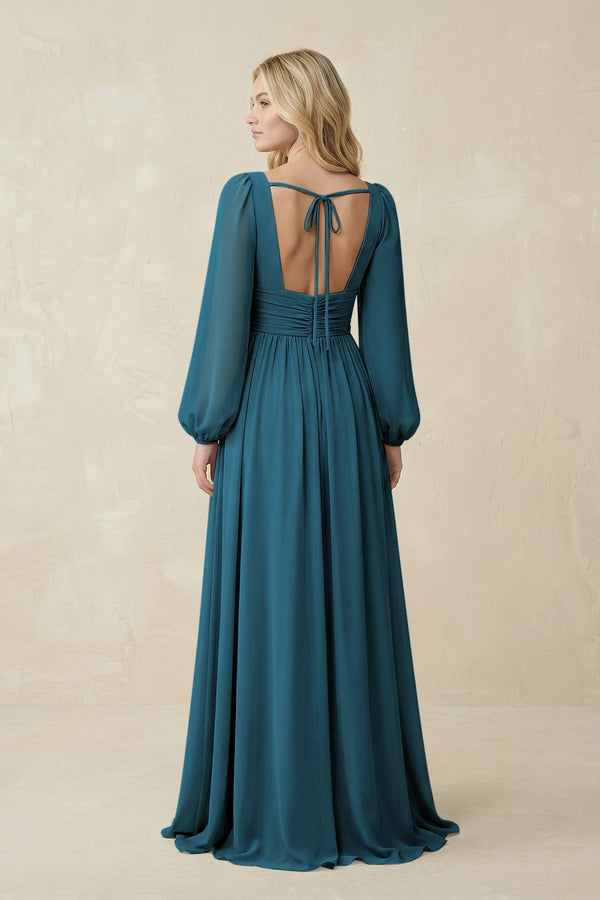 V-Neck Long Sleeve A-Line Chiffon Bridesmaid Dress in Dark Teal - KissProm BRIDESMAID DRESSES