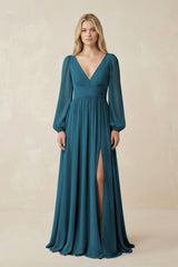 V-Neck Long Sleeve A-Line Chiffon Bridesmaid Dress in Dark Teal - KissProm BRIDESMAID DRESSES