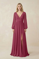 V-Neck Long Sleeve A-Line Chiffon Bridesmaid Dress in Desert Rose - KissProm BRIDESMAID DRESSES