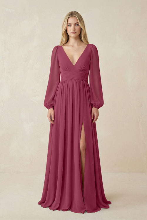 V-Neck Long Sleeve A-Line Chiffon Bridesmaid Dress in Desert Rose - KissProm BRIDESMAID DRESSES