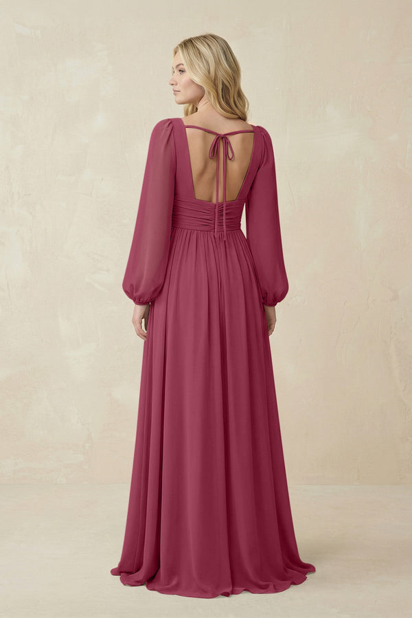V-Neck Long Sleeve A-Line Chiffon Bridesmaid Dress in Desert Rose - KissProm BRIDESMAID DRESSES