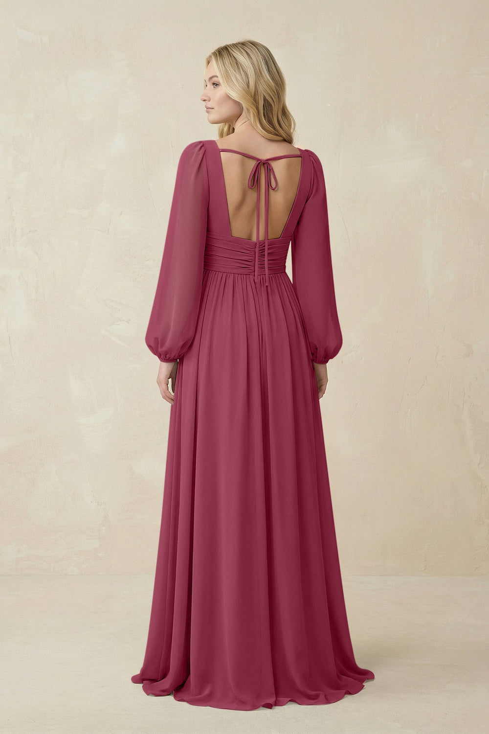 V-Neck Long Sleeve A-Line Chiffon Bridesmaid Dress in Desert Rose - KissProm BRIDESMAID DRESSES