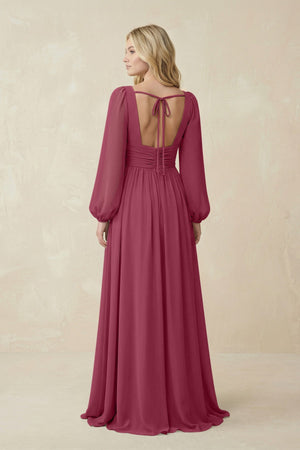 V-Neck Long Sleeve A-Line Chiffon Bridesmaid Dress in Desert Rose - KissProm BRIDESMAID DRESSES