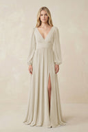 V-Neck Long Sleeve A-Line Chiffon Bridesmaid Dress in Dove Gray - KissProm BRIDESMAID DRESSES
