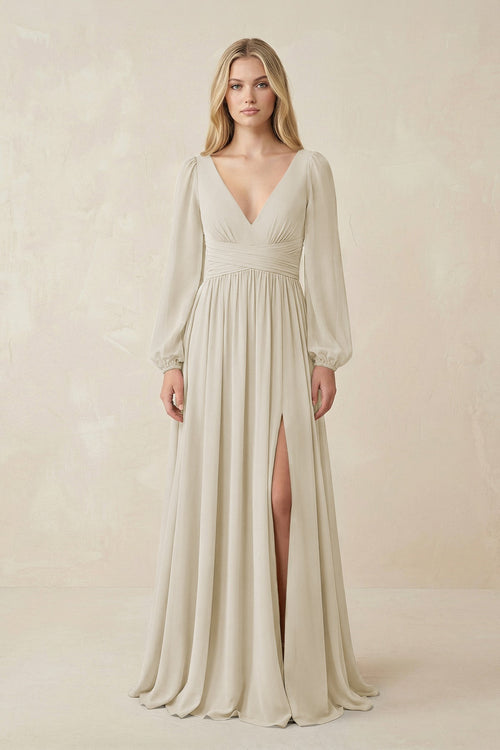 V-Neck Long Sleeve A-Line Chiffon Bridesmaid Dress in Dove Gray - KissProm BRIDESMAID DRESSES