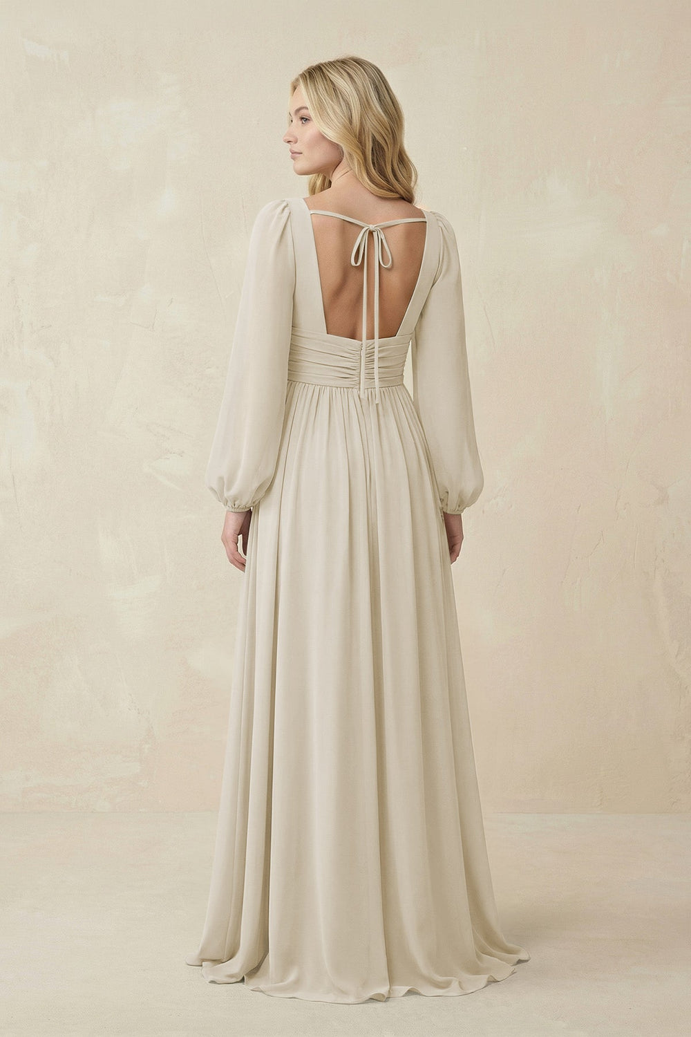 V-Neck Long Sleeve A-Line Chiffon Bridesmaid Dress in Dove Gray - KissProm BRIDESMAID DRESSES