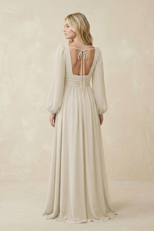 V-Neck Long Sleeve A-Line Chiffon Bridesmaid Dress in Dove Gray - KissProm BRIDESMAID DRESSES