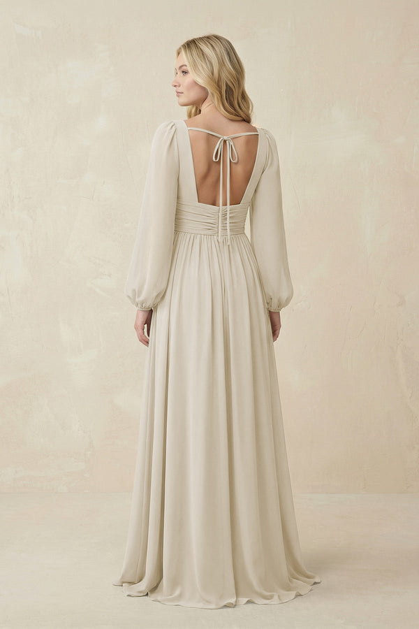 V-Neck Long Sleeve A-Line Chiffon Bridesmaid Dress in Dove Gray - KissProm BRIDESMAID DRESSES