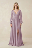 V-Neck Long Sleeve A-Line Chiffon Bridesmaid Dress in Dusk - KissProm BRIDESMAID DRESSES