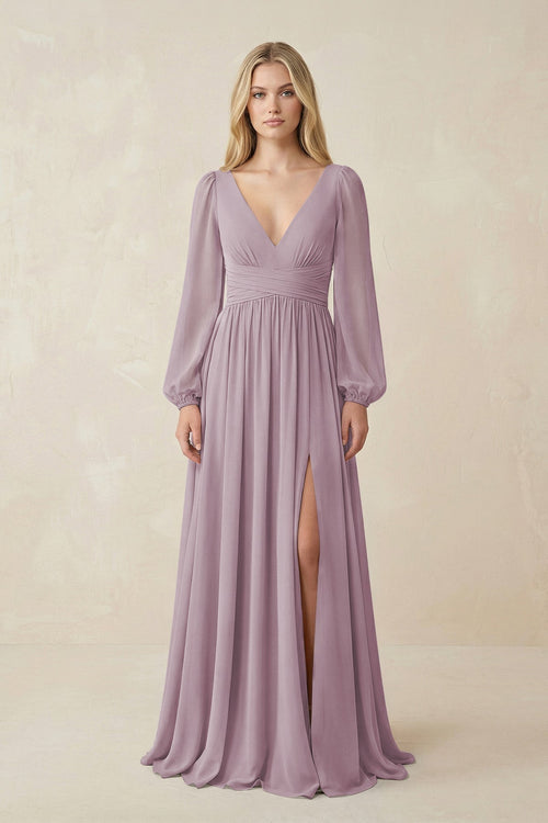 V-Neck Long Sleeve A-Line Chiffon Bridesmaid Dress in Dusk - KissProm BRIDESMAID DRESSES