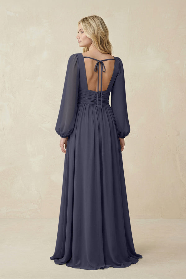 V-Neck Long Sleeve A-Line Chiffon Bridesmaid Dress in Dusk Blue - KissProm BRIDESMAID DRESSES