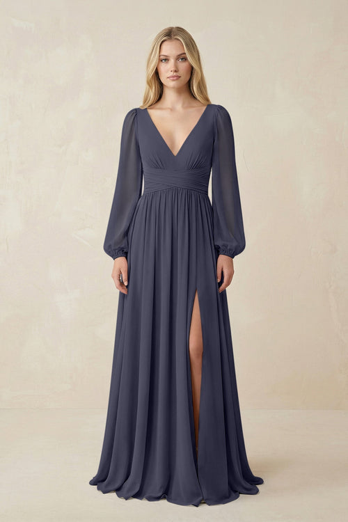V-Neck Long Sleeve A-Line Chiffon Bridesmaid Dress in Dusk Blue - KissProm BRIDESMAID DRESSES