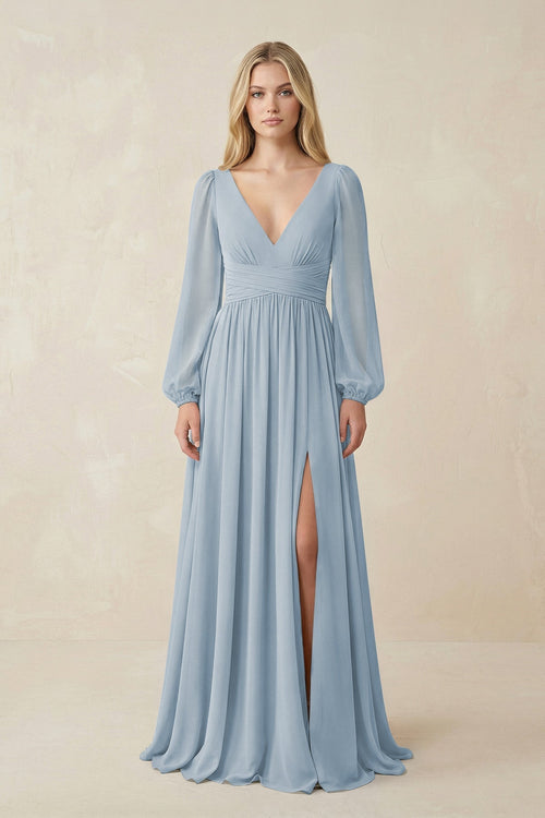 V-Neck Long Sleeve A-Line Chiffon Bridesmaid Dress in Dusty Blue - KissProm BRIDESMAID DRESSES