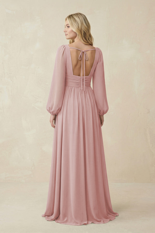 V-Neck Long Sleeve A-Line Chiffon Bridesmaid Dress in Dusty Rose - KissProm BRIDESMAID DRESSES