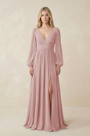 V-Neck Long Sleeve A-Line Chiffon Bridesmaid Dress in Dusty Rose - KissProm BRIDESMAID DRESSES