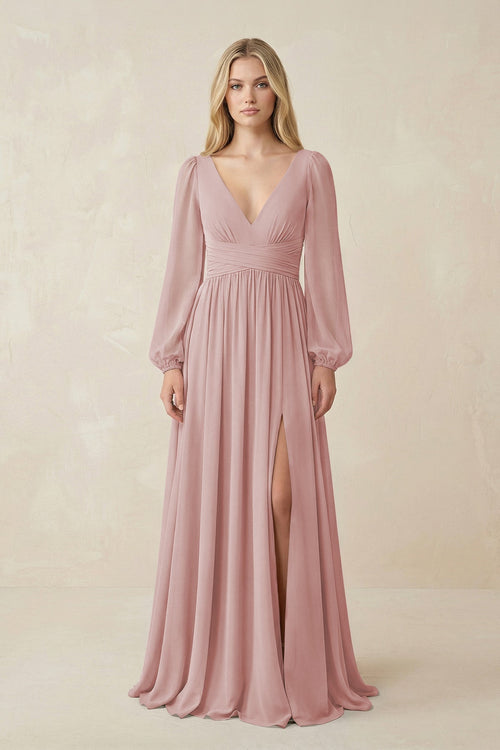 V-Neck Long Sleeve A-Line Chiffon Bridesmaid Dress in Dusty Rose - KissProm BRIDESMAID DRESSES
