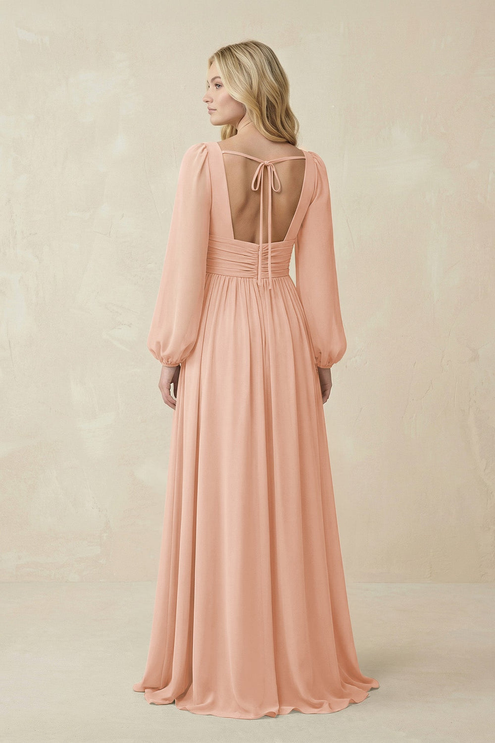V-Neck Long Sleeve A-Line Chiffon Bridesmaid Dress in English Rose - KissProm BRIDESMAID DRESSES