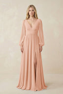 V-Neck Long Sleeve A-Line Chiffon Bridesmaid Dress in English Rose - KissProm BRIDESMAID DRESSES