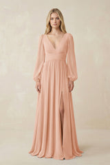 V-Neck Long Sleeve A-Line Chiffon Bridesmaid Dress in English Rose - KissProm BRIDESMAID DRESSES