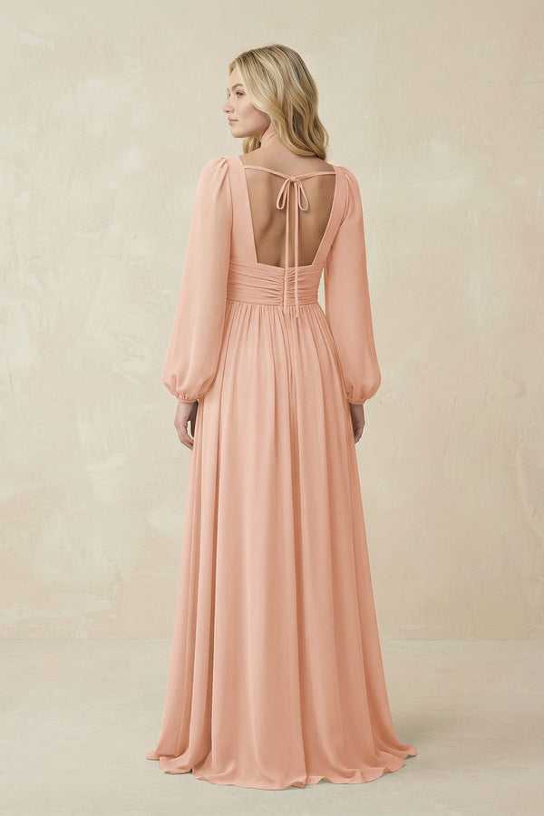 V-Neck Long Sleeve A-Line Chiffon Bridesmaid Dress in English Rose - KissProm BRIDESMAID DRESSES