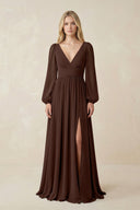 V-Neck Long Sleeve A-Line Chiffon Bridesmaid Dress in Espresso - KissProm BRIDESMAID DRESSES