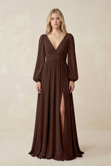 V-Neck Long Sleeve A-Line Chiffon Bridesmaid Dress in Espresso - KissProm BRIDESMAID DRESSES
