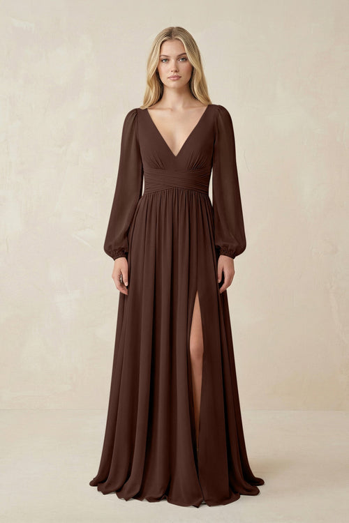 V-Neck Long Sleeve A-Line Chiffon Bridesmaid Dress in Espresso - KissProm BRIDESMAID DRESSES