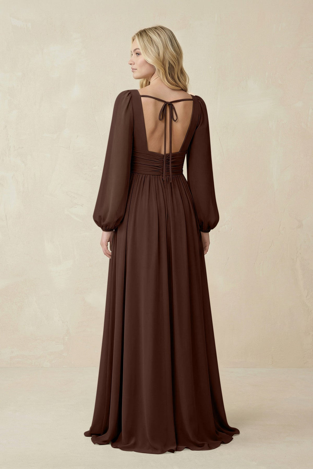 V-Neck Long Sleeve A-Line Chiffon Bridesmaid Dress in Espresso - KissProm BRIDESMAID DRESSES