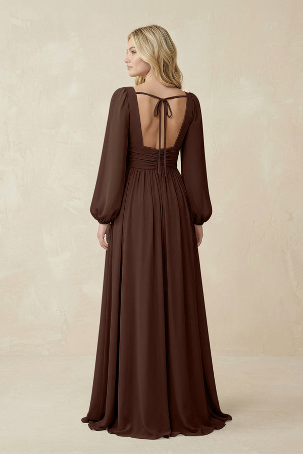 V-Neck Long Sleeve A-Line Chiffon Bridesmaid Dress in Espresso - KissProm BRIDESMAID DRESSES