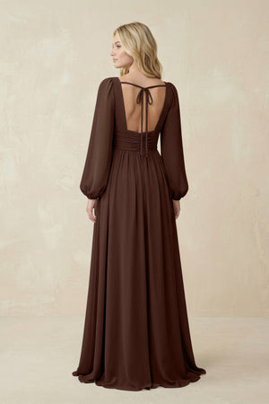V-Neck Long Sleeve A-Line Chiffon Bridesmaid Dress in Espresso - KissProm BRIDESMAID DRESSES