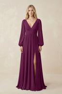 V-Neck Long Sleeve A-Line Chiffon Bridesmaid Dress in Fig - KissProm BRIDESMAID DRESSES