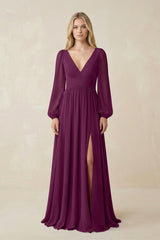 V-Neck Long Sleeve A-Line Chiffon Bridesmaid Dress in Fig - KissProm BRIDESMAID DRESSES
