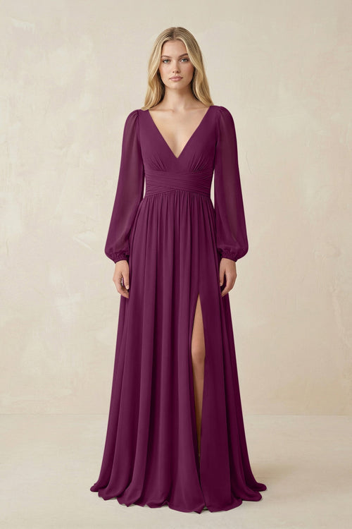 V-Neck Long Sleeve A-Line Chiffon Bridesmaid Dress in Fig - KissProm BRIDESMAID DRESSES