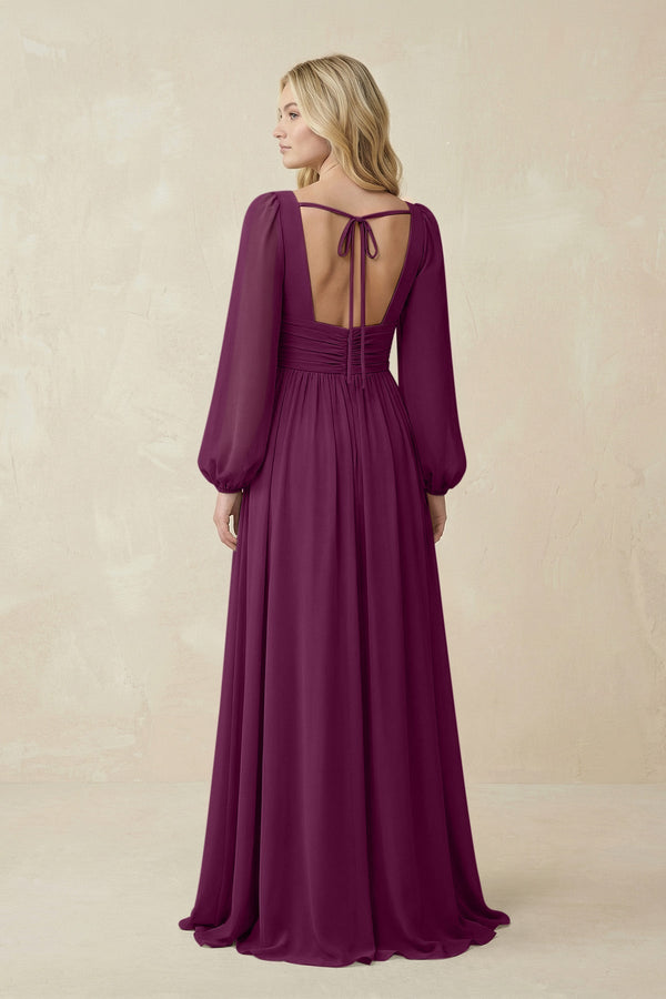 V-Neck Long Sleeve A-Line Chiffon Bridesmaid Dress in Fig - KissProm BRIDESMAID DRESSES
