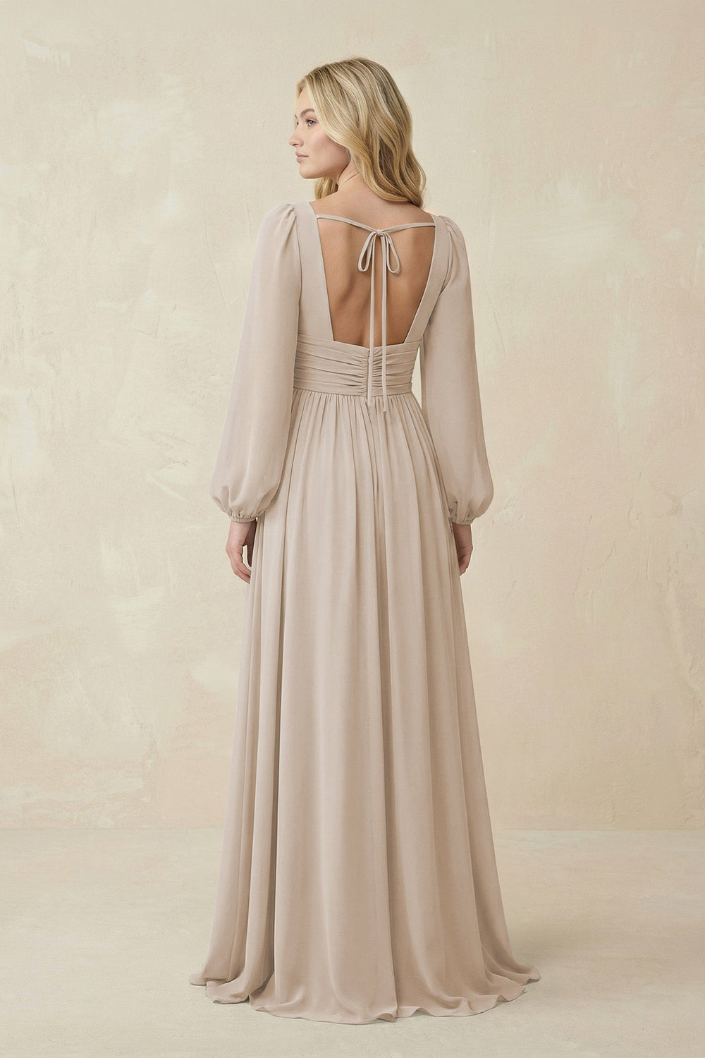 V-Neck Long Sleeve A-Line Chiffon Bridesmaid Dress in Frost - KissProm BRIDESMAID DRESSES