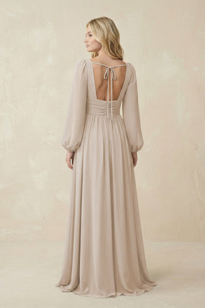V-Neck Long Sleeve A-Line Chiffon Bridesmaid Dress in Frost - KissProm BRIDESMAID DRESSES
