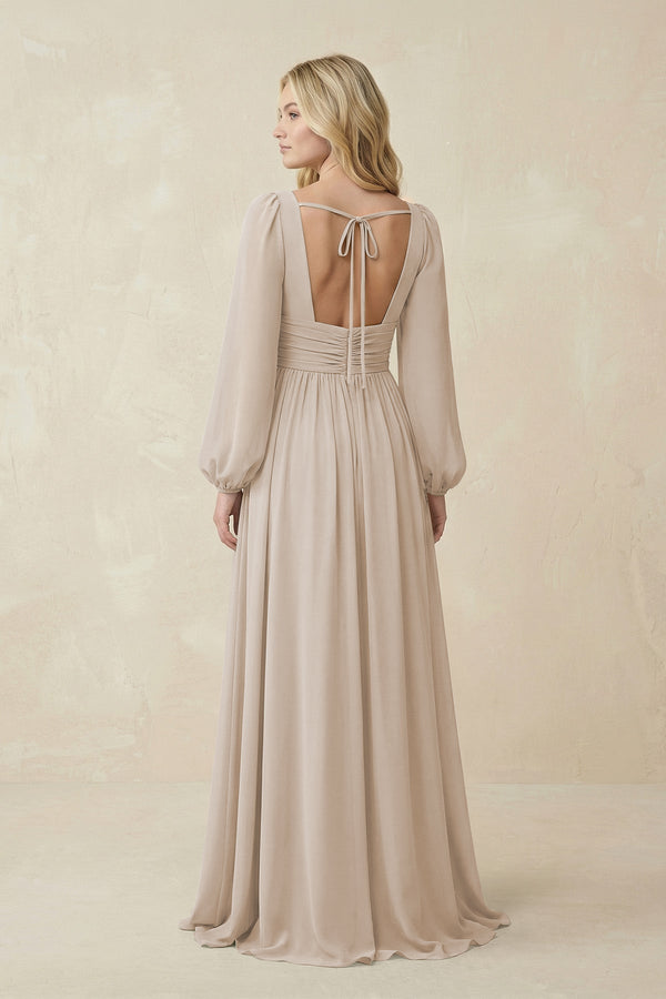 V-Neck Long Sleeve A-Line Chiffon Bridesmaid Dress in Frost - KissProm BRIDESMAID DRESSES