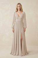V-Neck Long Sleeve A-Line Chiffon Bridesmaid Dress in Frost - KissProm BRIDESMAID DRESSES