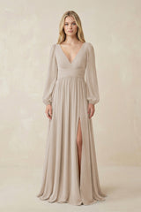 V-Neck Long Sleeve A-Line Chiffon Bridesmaid Dress in Frost - KissProm BRIDESMAID DRESSES