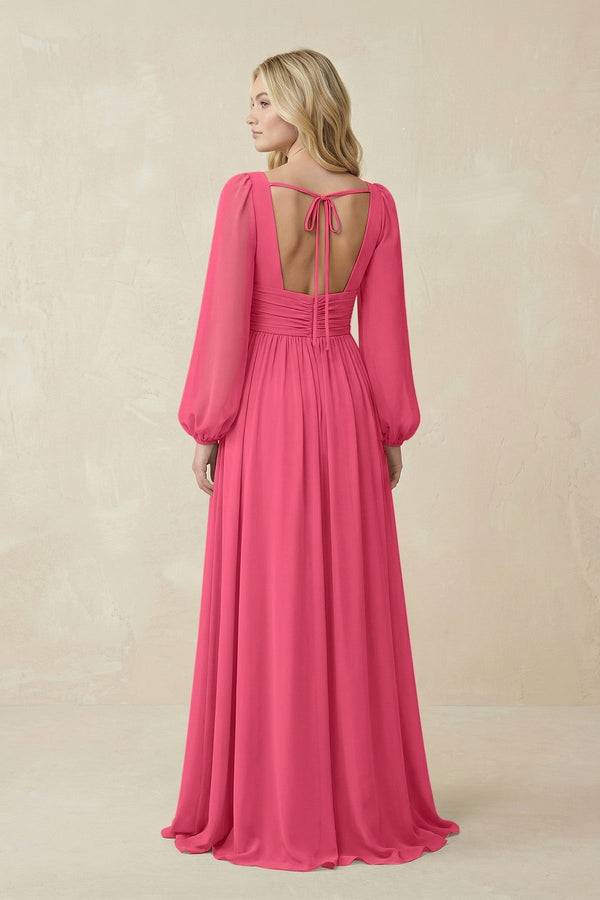 V-Neck Long Sleeve A-Line Chiffon Bridesmaid Dress in Fuchsia - KissProm BRIDESMAID DRESSES
