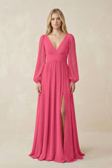V-Neck Long Sleeve A-Line Chiffon Bridesmaid Dress in Fuchsia - KissProm BRIDESMAID DRESSES