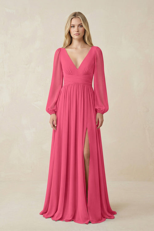 V-Neck Long Sleeve A-Line Chiffon Bridesmaid Dress in Fuchsia - KissProm BRIDESMAID DRESSES