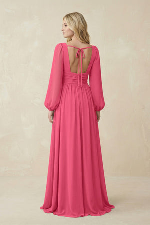 V-Neck Long Sleeve A-Line Chiffon Bridesmaid Dress in Fuchsia - KissProm BRIDESMAID DRESSES