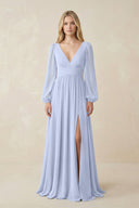 V-Neck Long Sleeve A-Line Chiffon Bridesmaid Dress in Ice - KissProm BRIDESMAID DRESSES