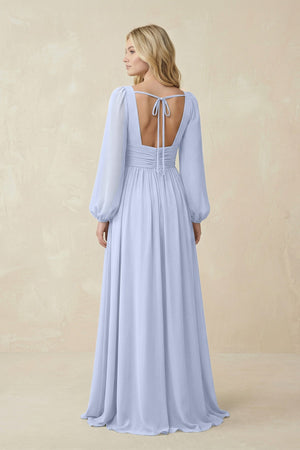 V-Neck Long Sleeve A-Line Chiffon Bridesmaid Dress in Ice - KissProm BRIDESMAID DRESSES