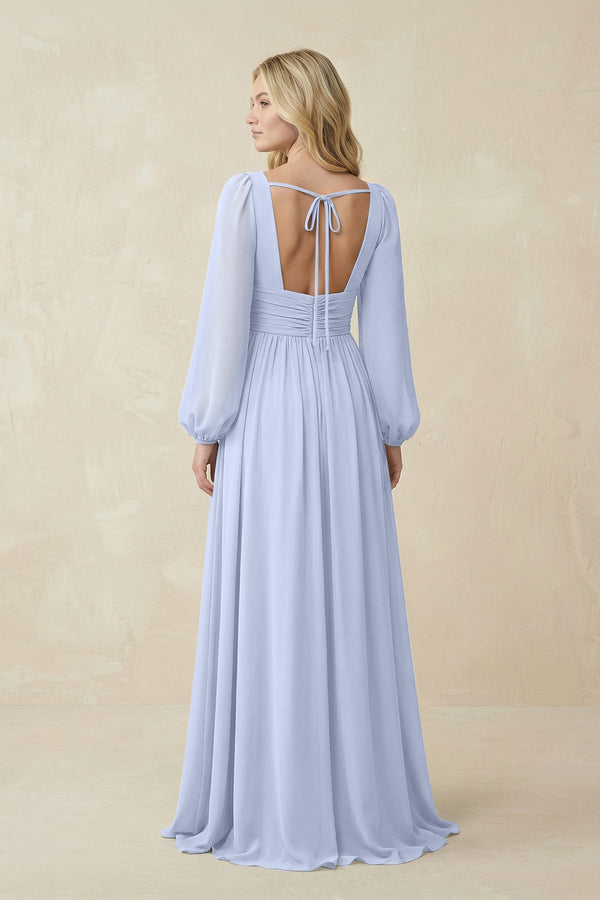 V-Neck Long Sleeve A-Line Chiffon Bridesmaid Dress in Ice - KissProm BRIDESMAID DRESSES