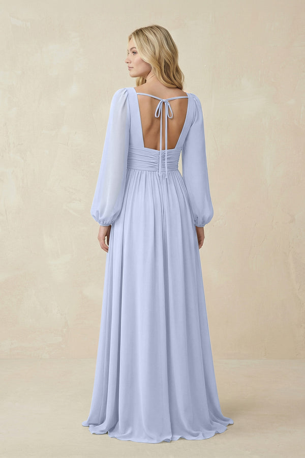 V-Neck Long Sleeve A-Line Chiffon Bridesmaid Dress in Ice - KissProm BRIDESMAID DRESSES