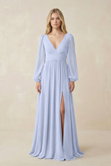 V-Neck Long Sleeve A-Line Chiffon Bridesmaid Dress in Ice - KissProm BRIDESMAID DRESSES