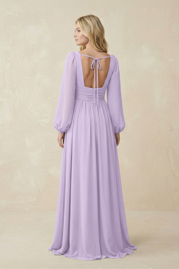 V-Neck Long Sleeve A-Line Chiffon Bridesmaid Dress in Lavender - KissProm BRIDESMAID DRESSES