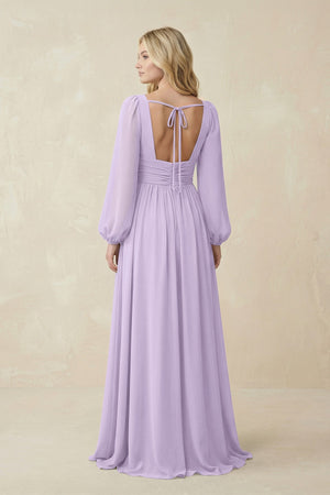 V-Neck Long Sleeve A-Line Chiffon Bridesmaid Dress in Lavender - KissProm BRIDESMAID DRESSES